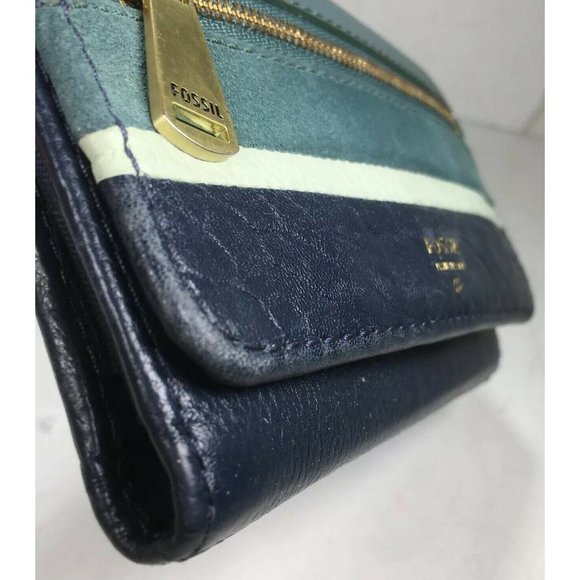 Fossil Green and Blue Leather Checkbook Card ID Clutch Wallet  (Monogram MLC) - Picture 10 of 12